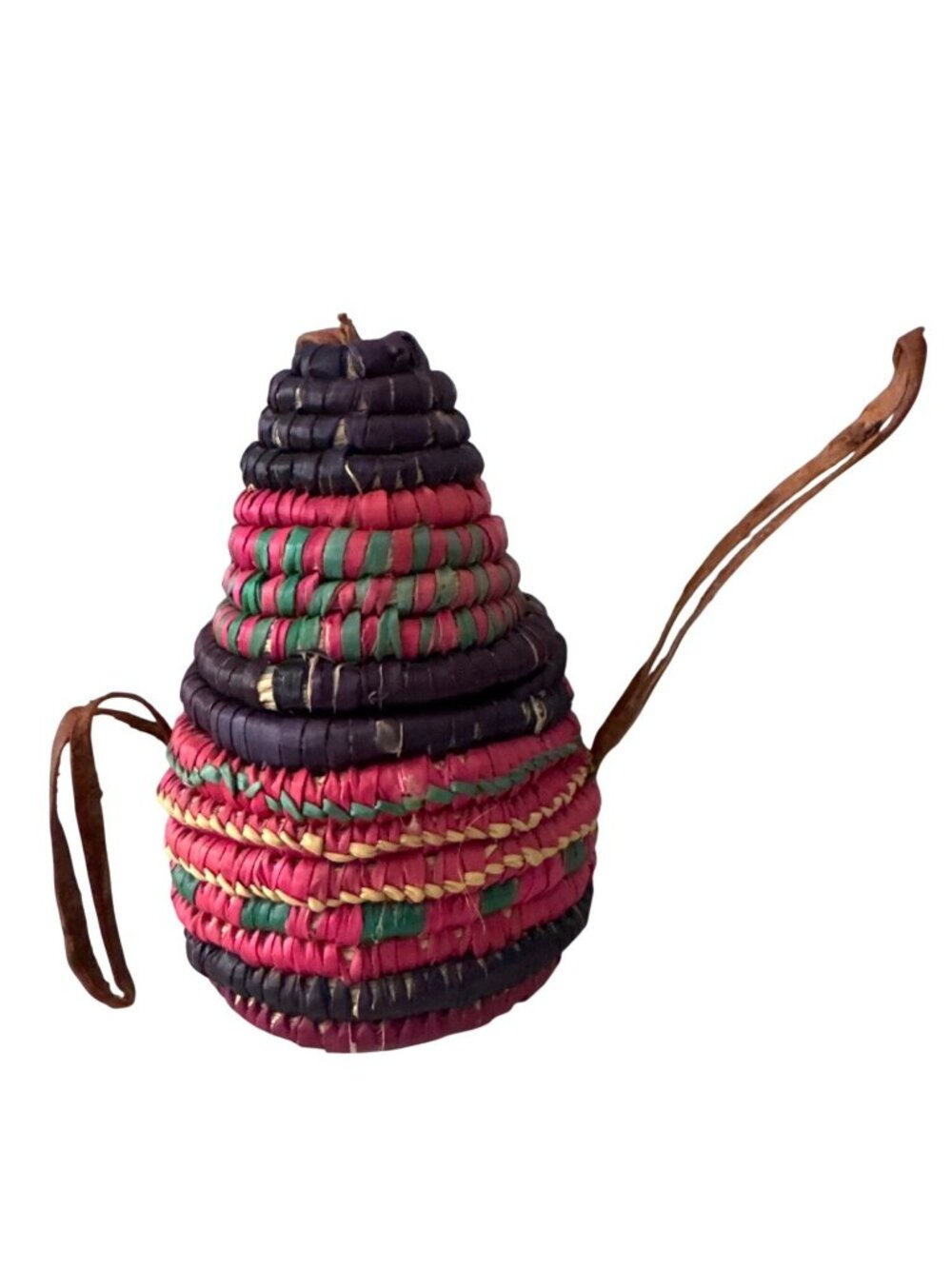 Ethiopian Harari Handwoven Basket & Lid & Leather Handle Grass & Leather Strap